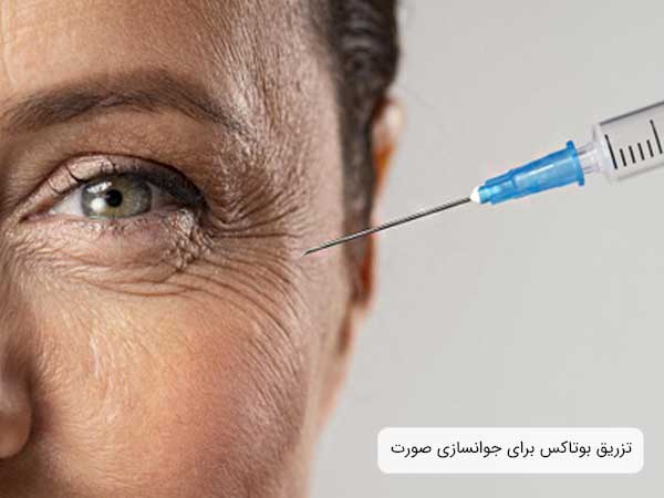 تصویر نیمه صورت یک خانم در حال تزریق بوتاکس صورت. زمینه تصویر تقربا کدر می باشد و سرنگ کاملا مشخص می باشد