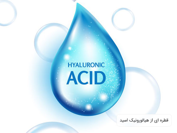 تصویری از یک قطره از هیالورونیک اسید با زمینه آبی و سبز فسفری