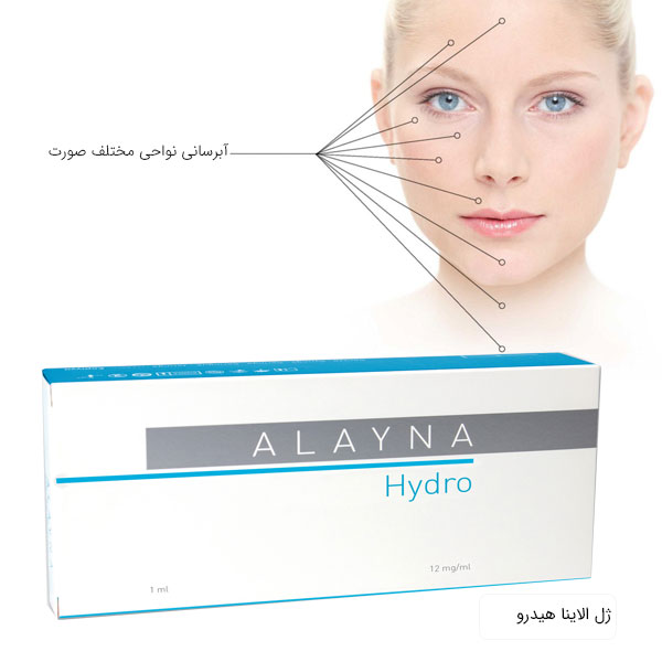 قیمت ژل الاینا هیدرو در کنار نواحی مورد استفاده این ژل در . صورت یک خانم . زمینه کل تصویر سفید می باشد