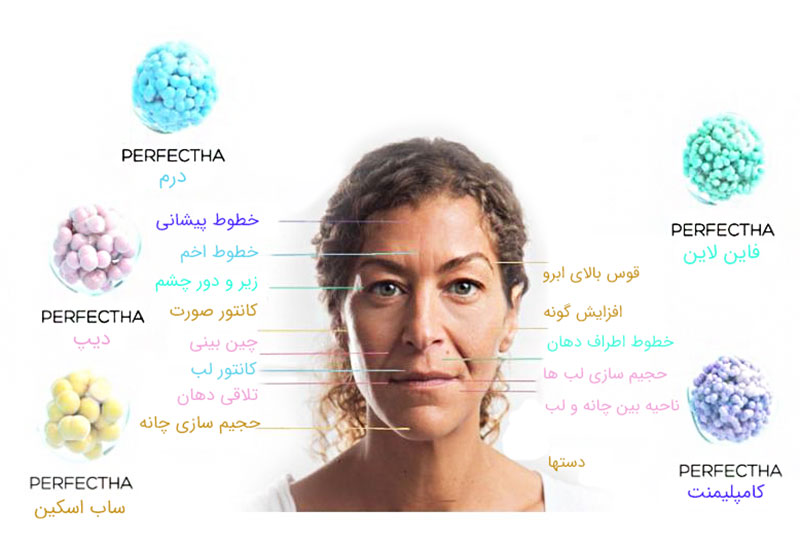 تصویر اجزای صورت یک خانم و ژل پرفکتا مناسب آن را با رنگ مخصوص میبینیم