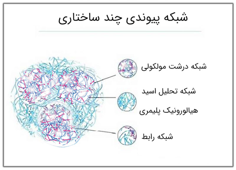 نحوه اتصالی سالزی هیالورنیک اسید و پیوند ها متقاطع برای رسیدن به کراس لینک در تصویر باز زمینه سفید کاملا نمایان می باشد