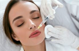 تصویر صورت یک خانم در حالت تزریق لوتاکس لب ، خوابیده بر روی تخت مطب . سرنگ پزشک کاملا نمایان است. این تصویر با مقاله بوتاکس لب در ارتباط می باشد