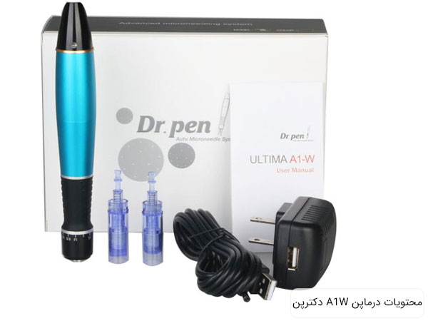 محتویات دستگاه میکرونیدلینگ آ یک دابلیو دکترپن شامل دو عدد کارتریج 12 پین با زمینه سفید