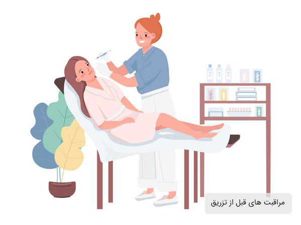 تصویر خانمی در حال تزریق پر آر پی برای زیبایی و جوانسازی . بیمار بصورت نشسته قرار دارد