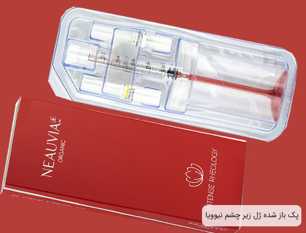 تصویری از جعبه باز شده و محتویات درون ژل زیر چشم نیوویا برای خرید فیلر زیرچشم نیوویا