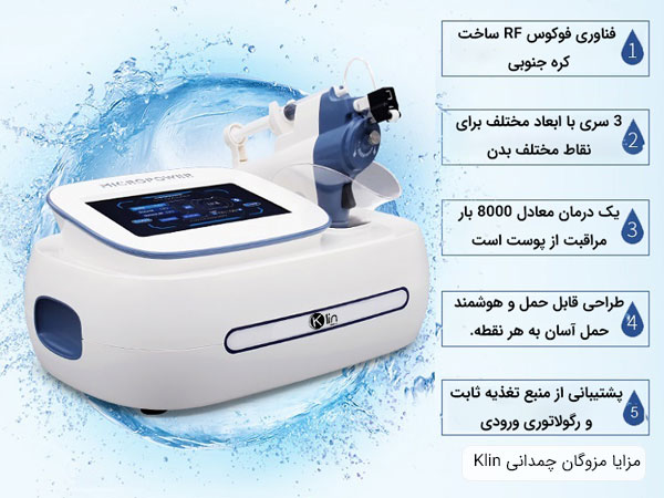 مزایا دستگاه مزوگان کلینیکی کلین چمدانی در تصویر بر شمرده شده است.