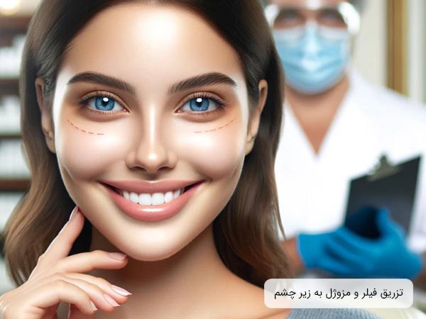 تزريق مزو و فيلر به زير چشم يک خانم.