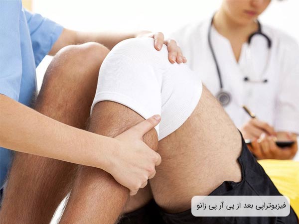 انجام فيزيوتراپی زانو توسط متخصص براي يک آقا.