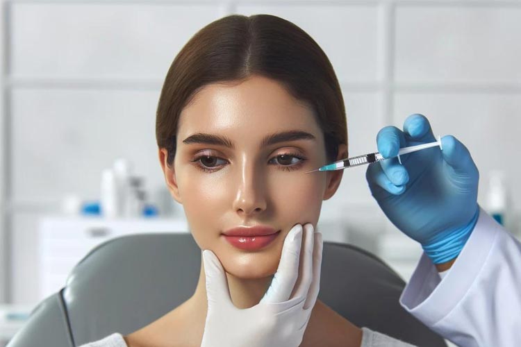 تزريق فيلر زير چشم به خانم زيبا جو توسط پزشک.