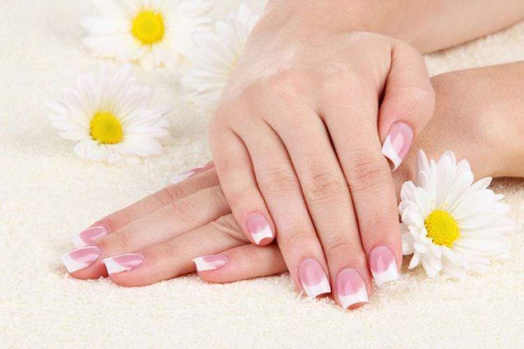 دست های يک خانم با پوست سالم و زيبا در کنار چند عدد گل.