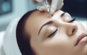 انجام مزوتراپی ابرو روی صورت يک خانم توسط پزشک.