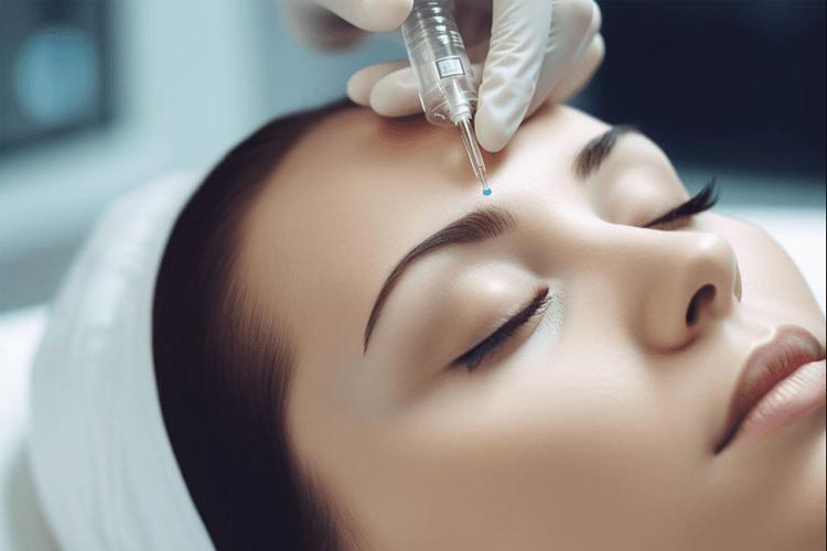 انجام مزوتراپی ابرو روی صورت يک خانم توسط پزشک.