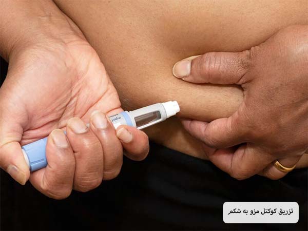 شخصی در حال تزریق سرنگ حاوی کوکتل مزوتراپی به شکم خود به صورت مستقیم.