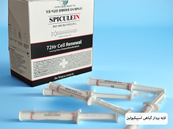 یک بسته اسپیکیولین با سرنگ های داخل بسته و پس زمینه آبی رنگ.