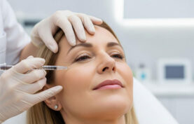 انجام مزوتراپی ابرو روی صورت يک خانم توسط متخصص.