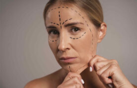 صورت یک خانم جوان قبل از انجام عمل لیفت پوست با نخ که خطوطی روی نواحی مورد نظر صورت کشیده شده است.