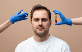 یک عدد محلول حاوی خون و سرنگ حاوی پی آر پی که کنار سر یک آقای میانسال قرار گرفته شده است با پس زمینه به رنگ بژ.