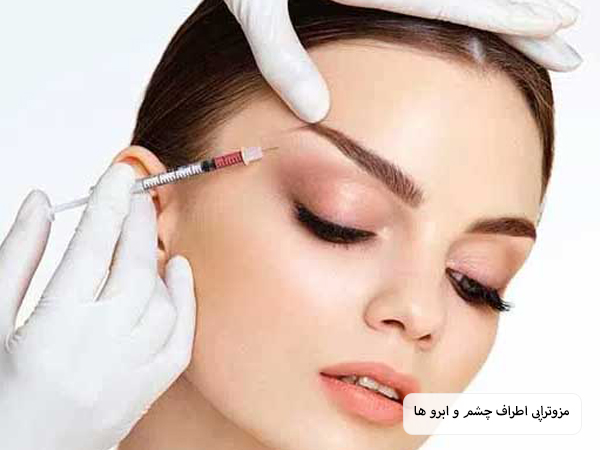 پزشکی در حال تزریق آمپول مزوتراپی به اطراف چشم و ابرو های یک خانم است با پس زمینه سفید.