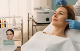 پزشک در حال انچام عمل پی آر پی روی صورت یک خانم در مطب تخصصی است.