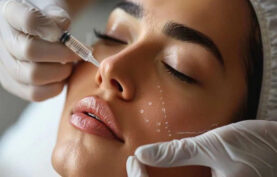 نزریق کوکتل مزوتراپی به صورت یک خانم جوان.